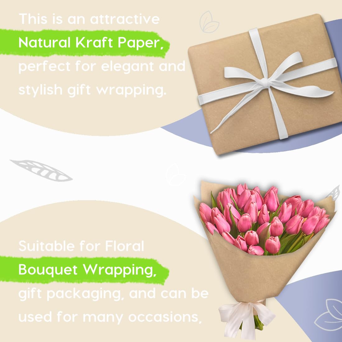 SMART&CASUAL 36" x 1,500" (125') Brown Kraft Craft Paper Roll for Gift Wrapping Bulletin Board Bouquet Flower Kids Art Packing Parcel Table Covering 70GSM 50LB (Brown, 36" x 125')
