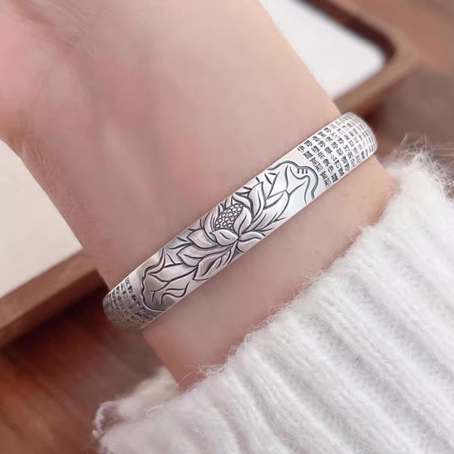 Feng Shui Lotus Heart Sutra Bracelet - Adjustable Vintage Silver Bracelet for Women Men, Tibetan Buddhist Mantra Lucky Amulet, Wealth Luck Protection Meditation Gifts (C)