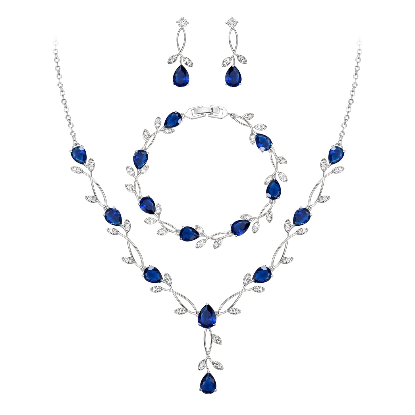 EVER FAITH Wedding Prom Jewelry Set for Bridesmaid, Blue Teardrop Cubic Zirconia Leaf Vine Bridal Party Necklace Dangle Earrings Bracelet Sets for Women