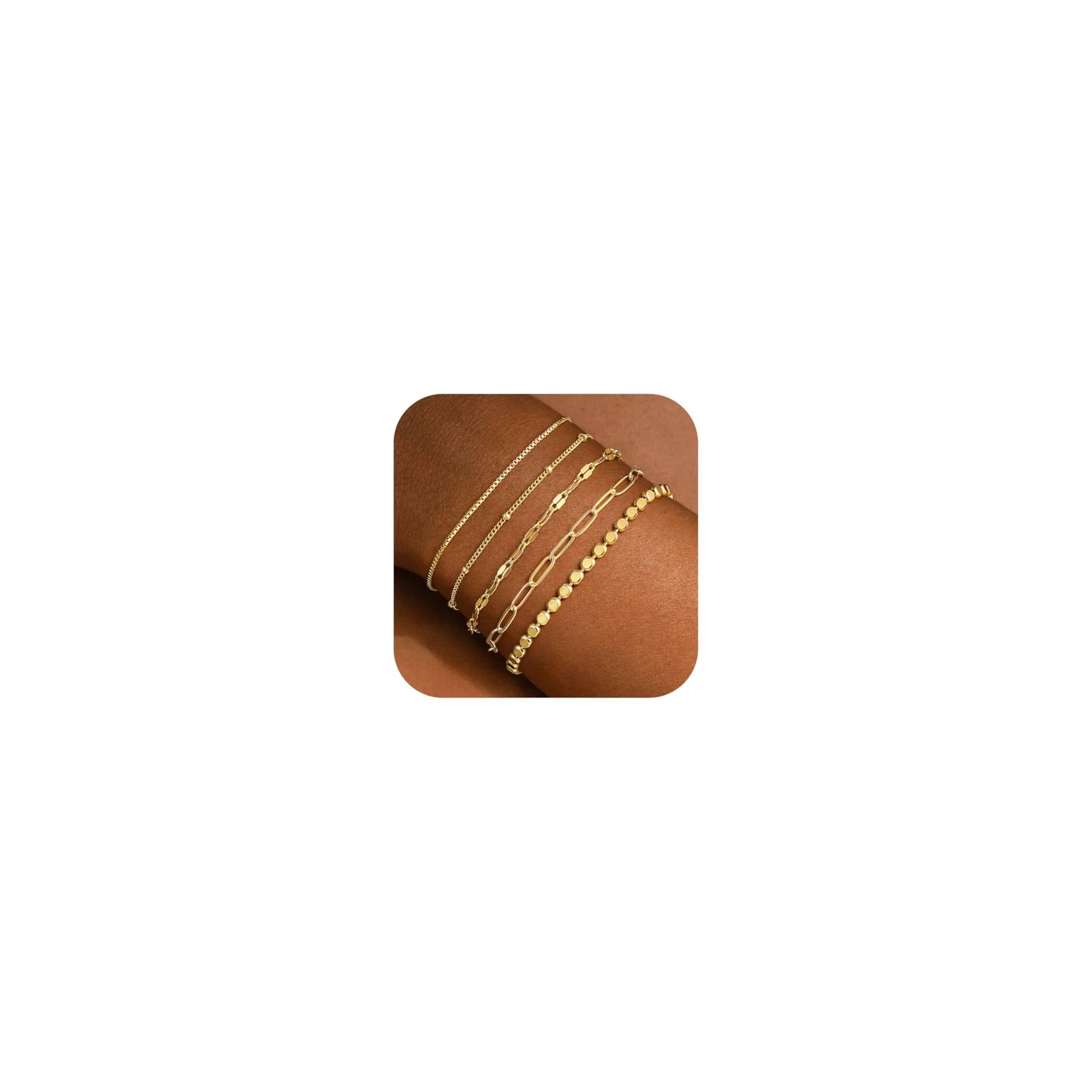 Turandoss Gold Bracelets Stack for Women, Dainty 14K Gold Plated Stackable Bracelet Set Adjustable Paperclip Satellite Box Chain Bracelet Waterproof Non Tarnish Jewelry Gifts for Women