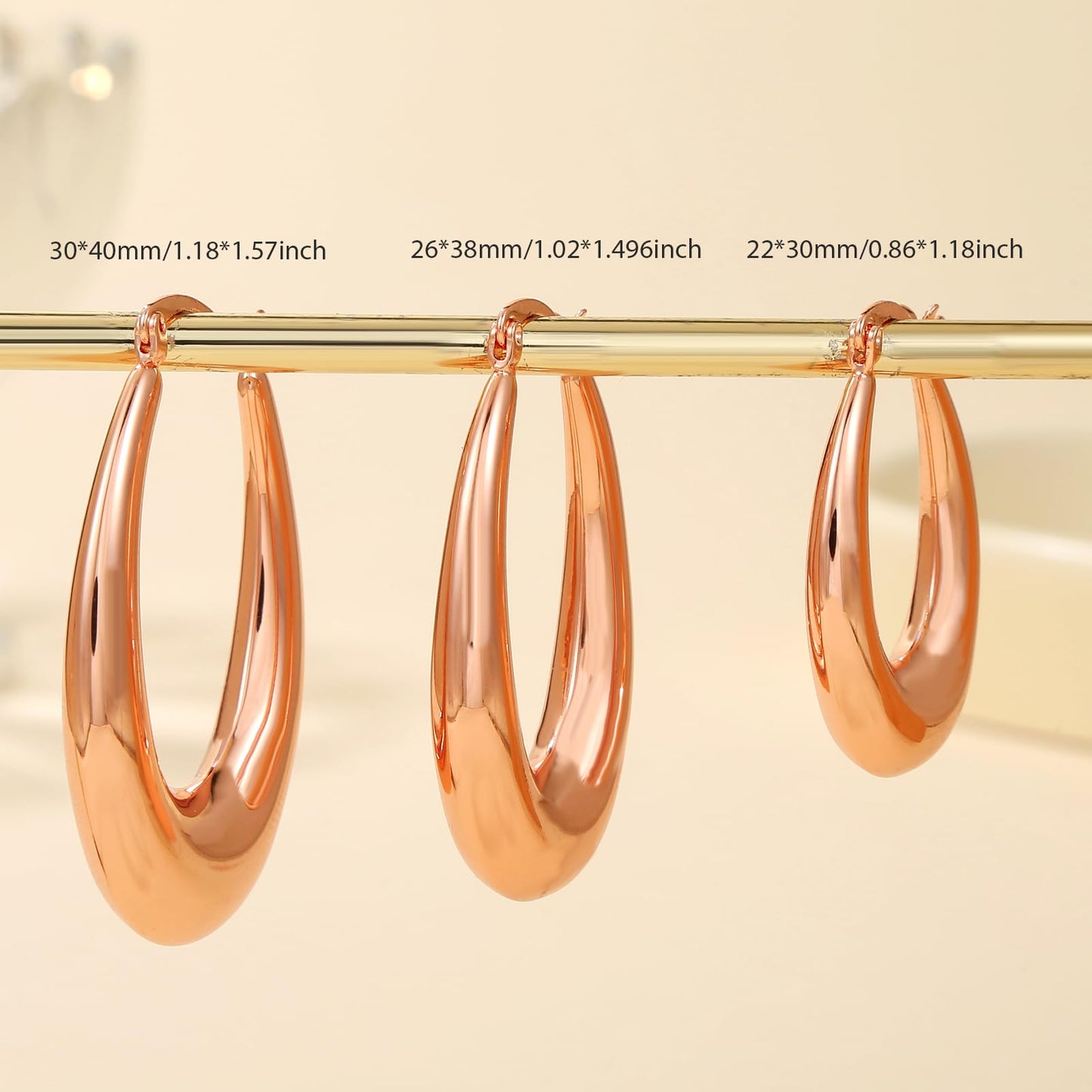 PABBEU Chunky Rose Gold Hoop Earrings for Women, Lightweight 14k Golden Plated Hoops Earrings, Hypoallergenic 925 Oval Rose Golds Hoops Earrings, Thick Gold Hoop Earrings for Women Gifts (40mm)