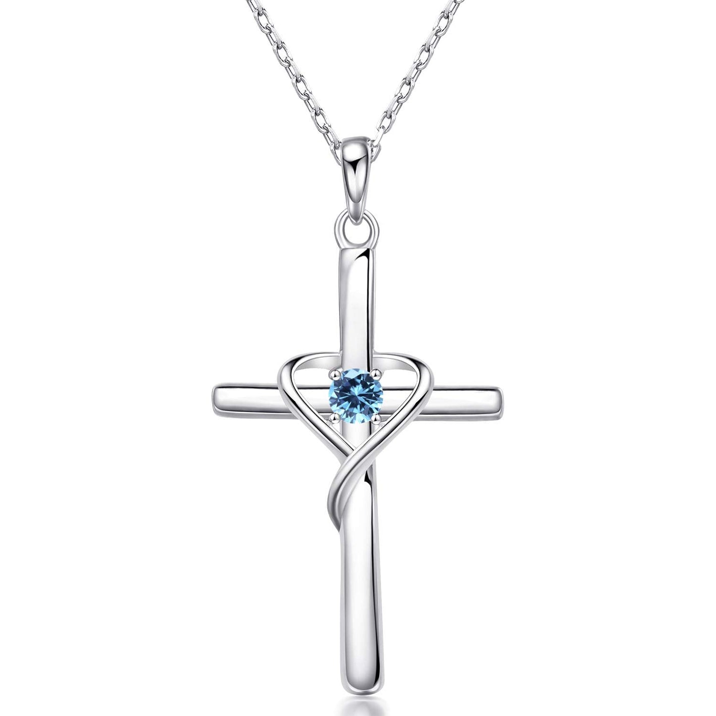 AmorAime 925 Sterling Silver Cross Necklace for Women Men 14K Gold Plated 5A CZ Birthstone Necklaces for Holiday (C.Blue-March)
