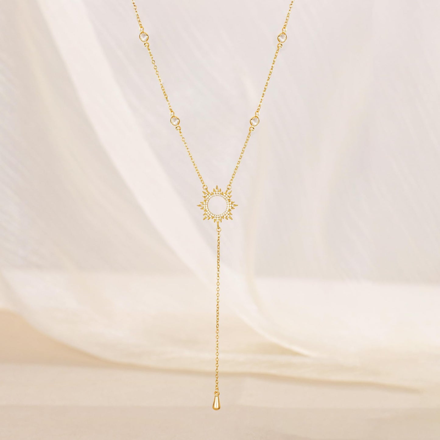 CHESKY 14K Gold Plated Lariat Long Necklace for Women Trendy Layered Y Necklace Dainty CZ Sun Pendant Drop Necklace Sparkle Trendy Jewelry