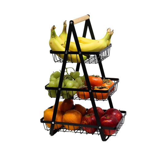 3-Tier Kitchen Countertop Storage Basket with Wooden Handles Perfect for Fruits, Snacks & Bread