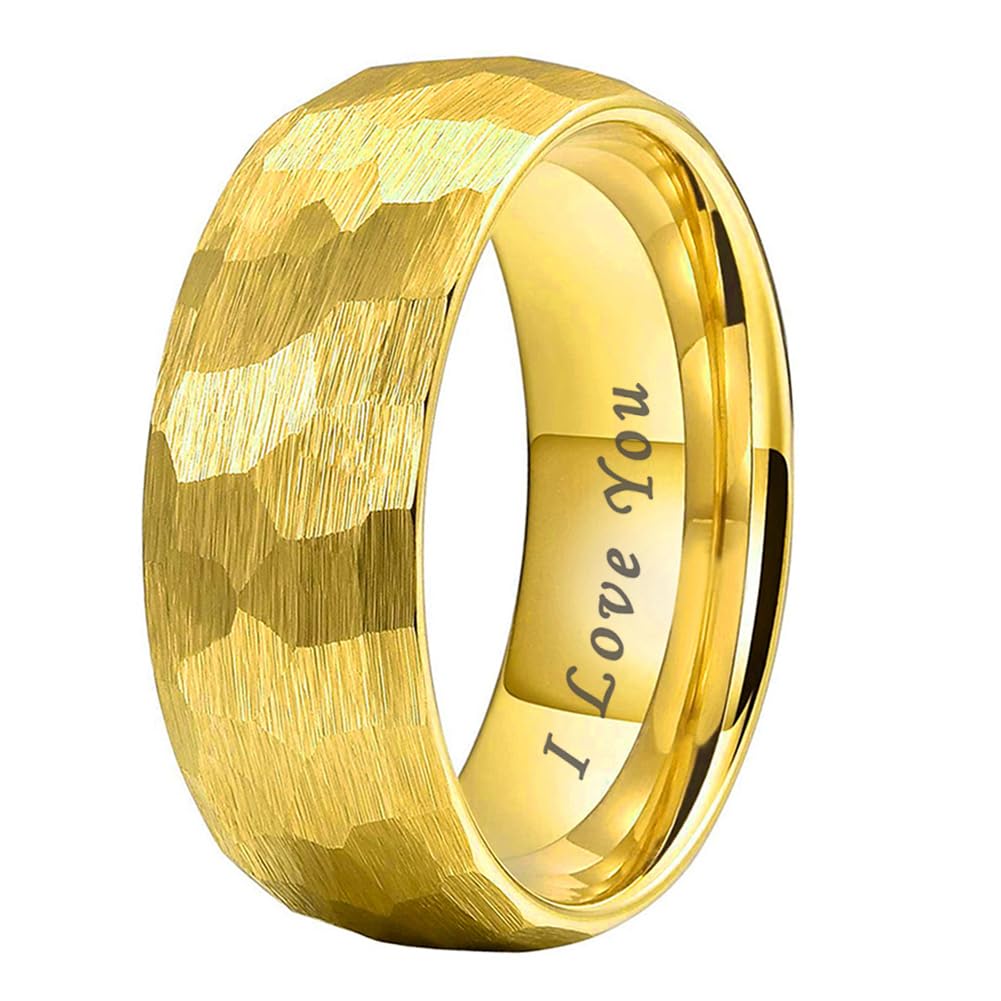 TUTISS 8mm Gold Hammered Tungsten Rings for Men Women Engagement Wedding Bands Domed I Love You Engraved Comfort Fit Size 10