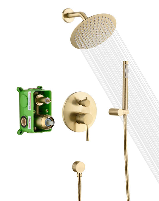 sumerain Brushed Gold Shower Faucet System with high pressure 8 Inches rain shower head and brass hand shower, Rough-In Valve Body and Trim Included