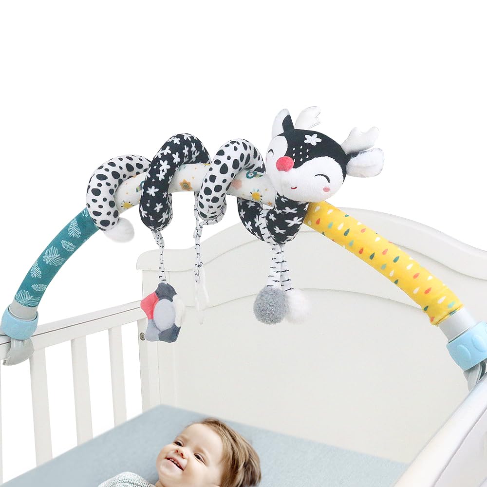 Caterbee Baby Bjorn Bounce Arch Toy bar, Black and White with Stretch & Spiral Hanging Activity Set, Adjustable Clamp for Strollers, Cribs & Car Seats, Includes Rattles, Squeaker & Teether (01)