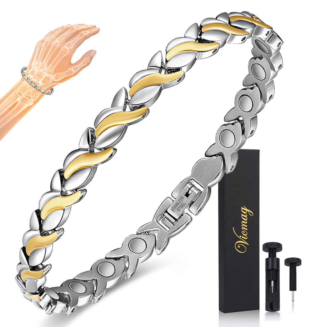 Vicmag Magnetic Bracelet for Women, Titanium Steel Bracelet with Ultra Strength Magnets, Waterproof & Adjustable, Jewelry Gift with Sizing Tool(Silver Gold Fishtail)