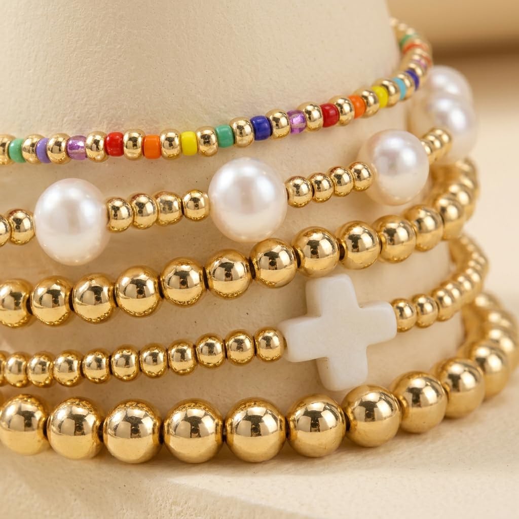 Bohxantium 14K Gold Beaded White Cross Bracelets for Women Dainty Pearl Colorful Seed Beads Stretch Stackable Non Tarnish Bracelet Stack Boho Christian Jewelry Accessories Birthday Prom Friendship Gift