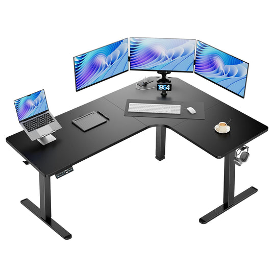 HUANUO 63″ Dual Motor L-Shaped Standing Desk, Built-in Power Outlets, Electric Height Adjustable Corner Computer Desk, Large Power Strip Holder, Sit Stand Up Desk with 3 Preset Heights, Black