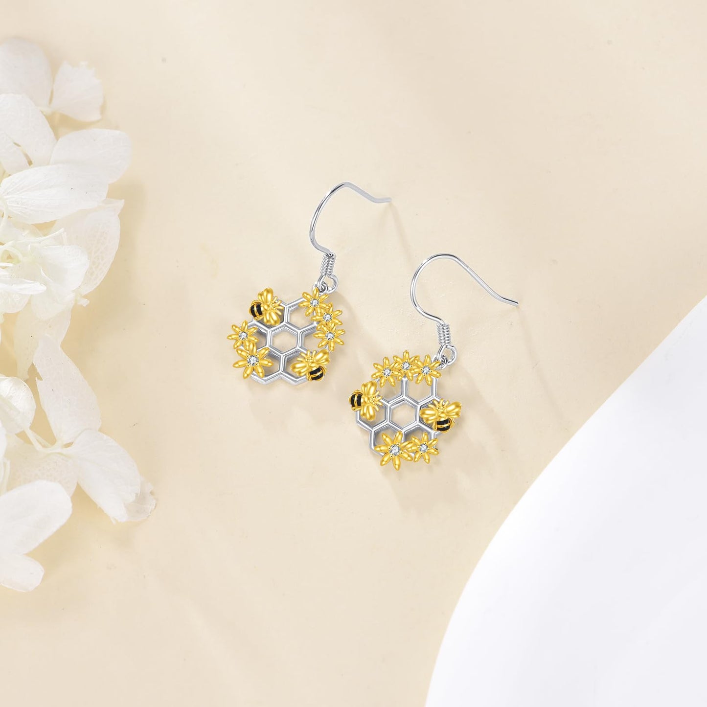 YONFQE Bee Earrings S925 Sterling Silver Honeycomb Honeybee Dangling Hanging Pendant Earrings Cute Jewelry Gifts for Women