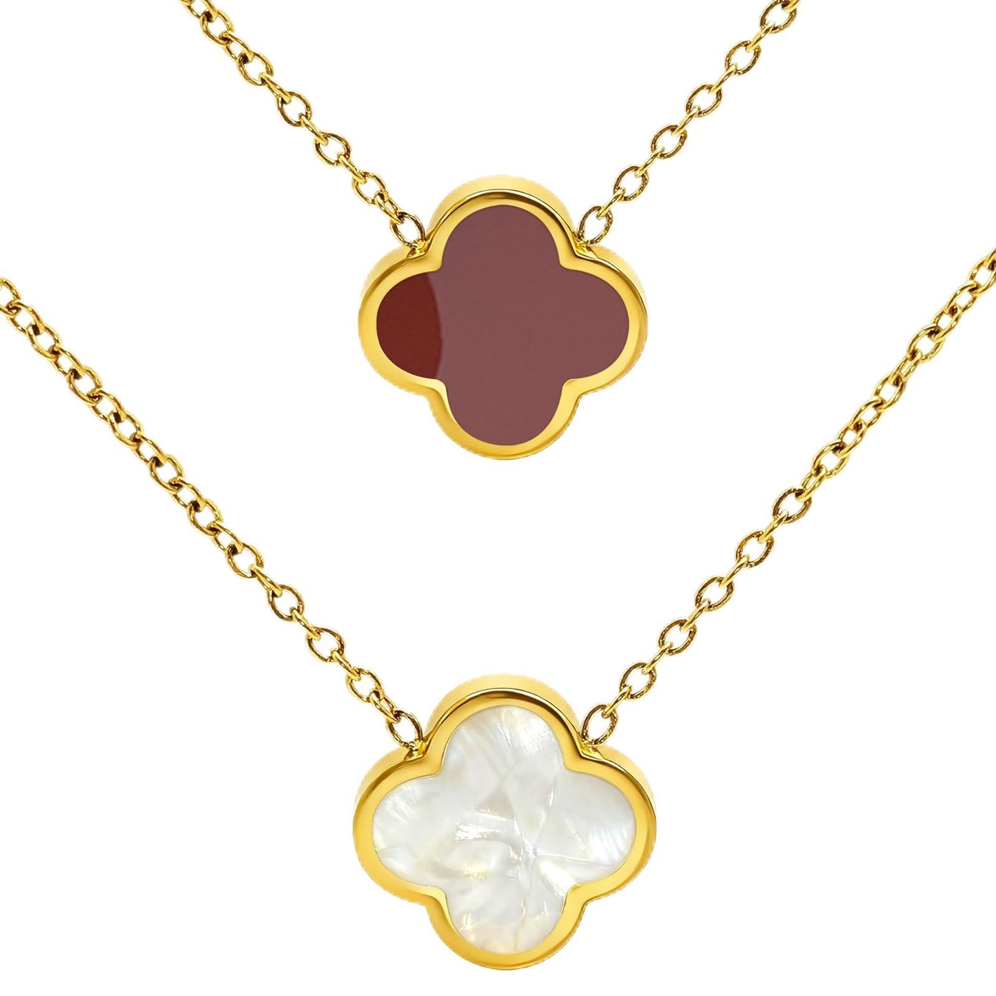 Aimétte Monette 18K Gold Plated Necklaces for Women, Dainty Lucky Four Leaf Clover Gold Necklace Set Clover Charm Necklace, Fashion Jewelry Gifts for Women Red and White
