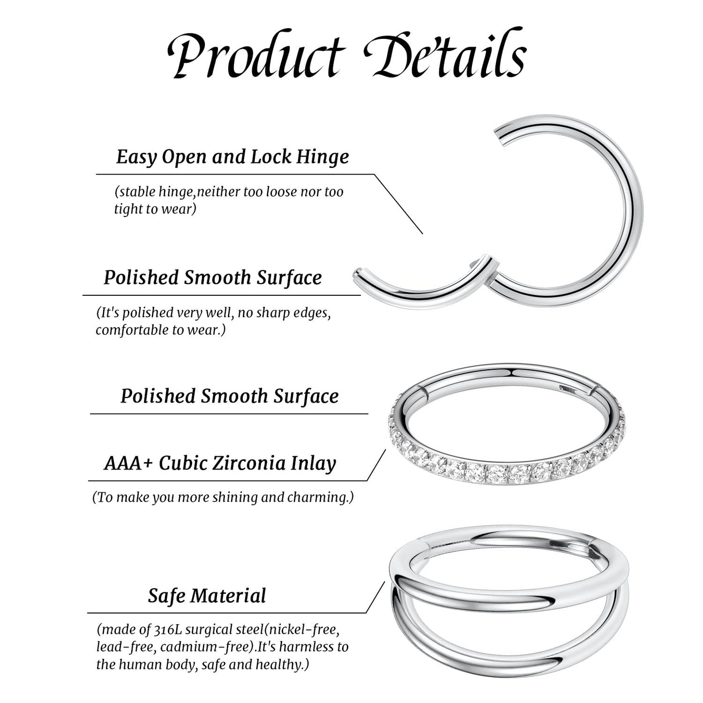 GAGABODY Septum Jewelry - Seamless Double Hoop Conch Piercing 18 Gauge Nose Ring 18g Cartilage Earring with CZ Lip Rings 8mm Nose Hoop Surgical Steel Helix Earrings Silver