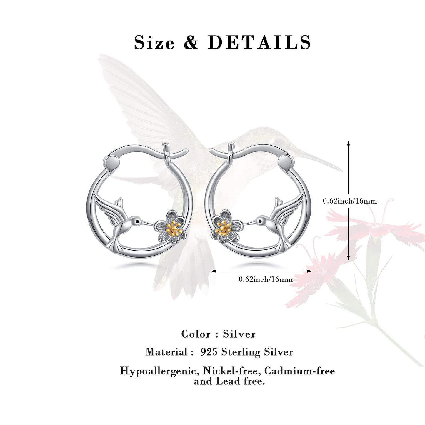 Hummingbird Earrings Sterling Silver Bird Daisy Small Hoop Earrings for Sensitive Ears Cute Hummingbird Jewelry Graduation Gifts for Women Daughter Her