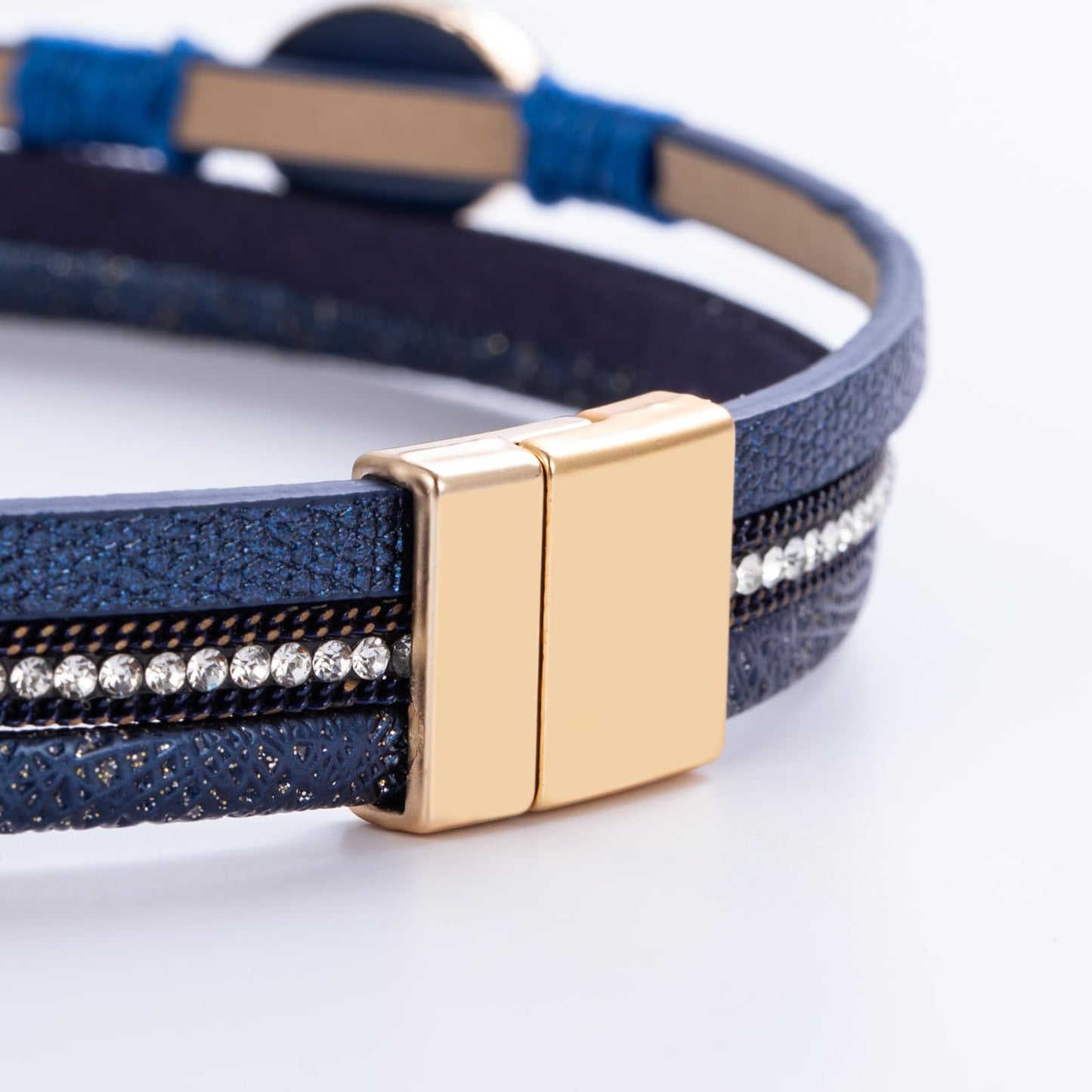 FANCY SHINY Boho Leather Wrap Bracelet Stackable Chunky Crystal Cuff Bracelets with Magnetic Clasp Cowboy Cowgirl Western Summer Beach Outfits Jewelry Gifts for Women (14.7", Navy Blue)