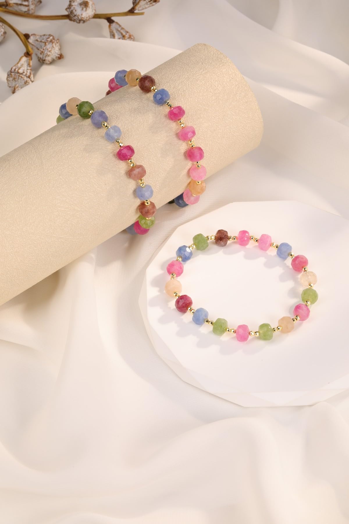 Jovivi Rainbow Tourmaline Gemstone Beaded Bracelets for Women 14K Gold Plated Copper Faceted Abacus Beads Natural Healing Crystals Stone Stretch Bracelet Handmade Jewelry