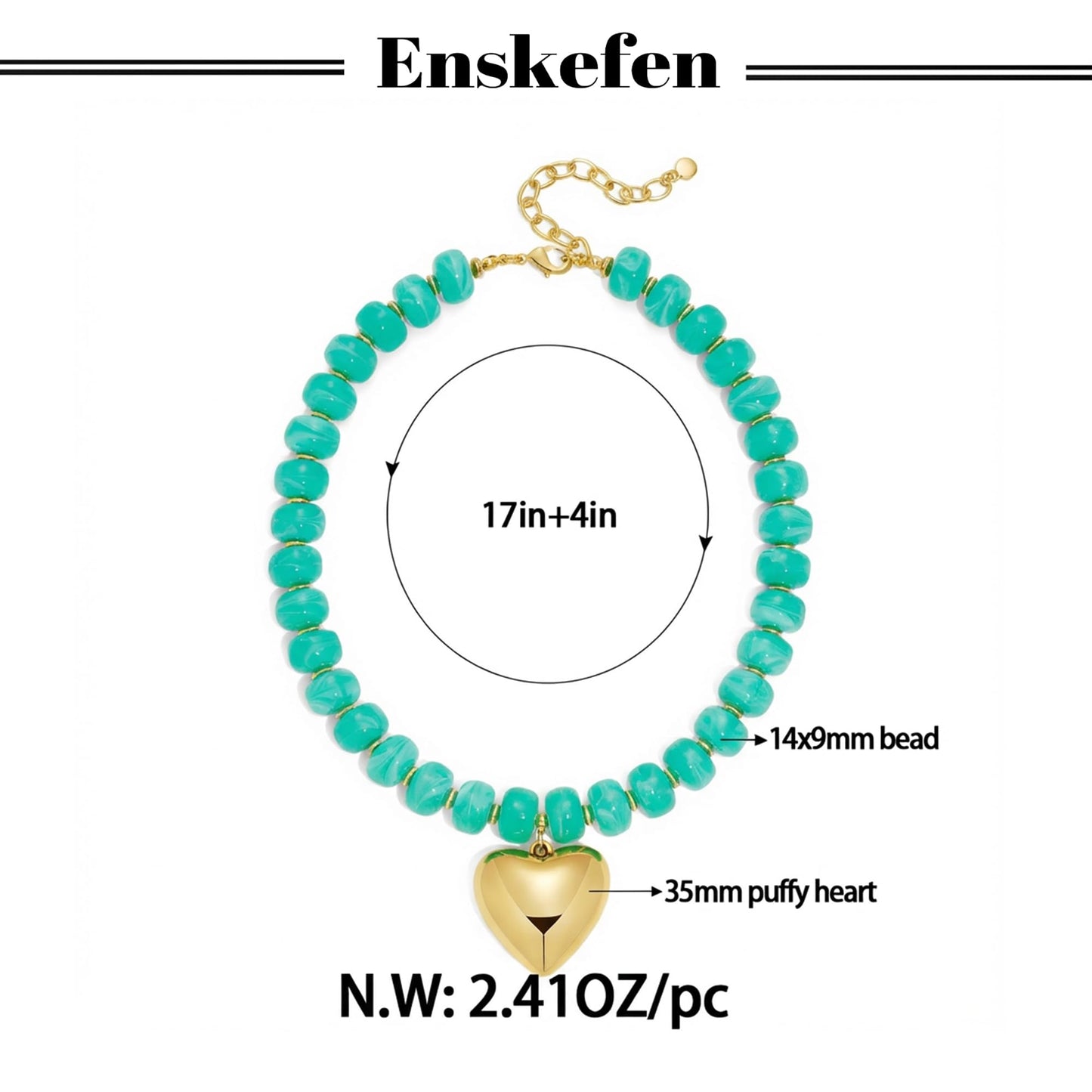 ENSKEFEN Heart Necklace for Women Boho Lake Blue Resin Beaded Choker Gold Heart Pendant Necklaces Fashion Chunky Statement Necklace Acrylic Jewelry