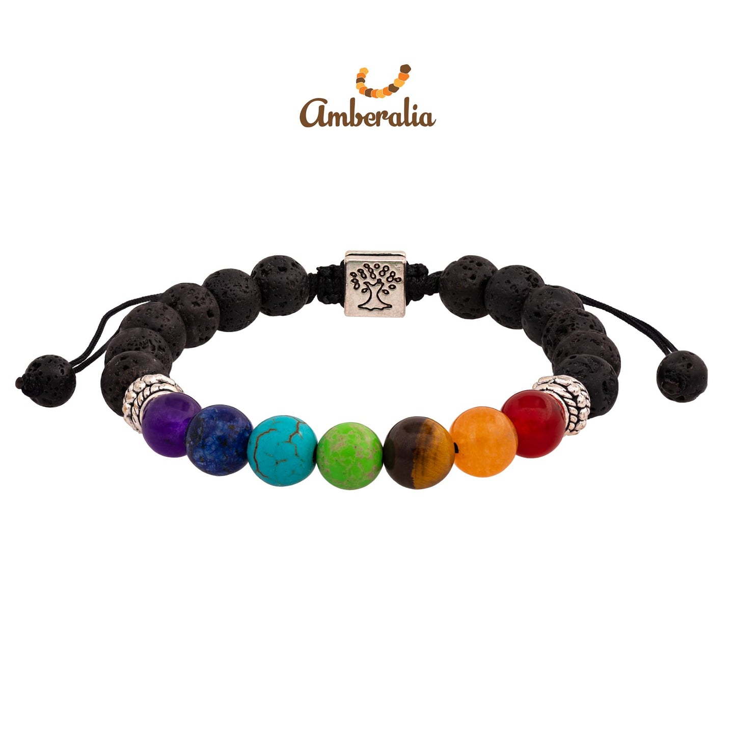 Amberalia Chakra Bracelet, Adjustable, Lava Stone Beads, Tree of Life Charm, Silver