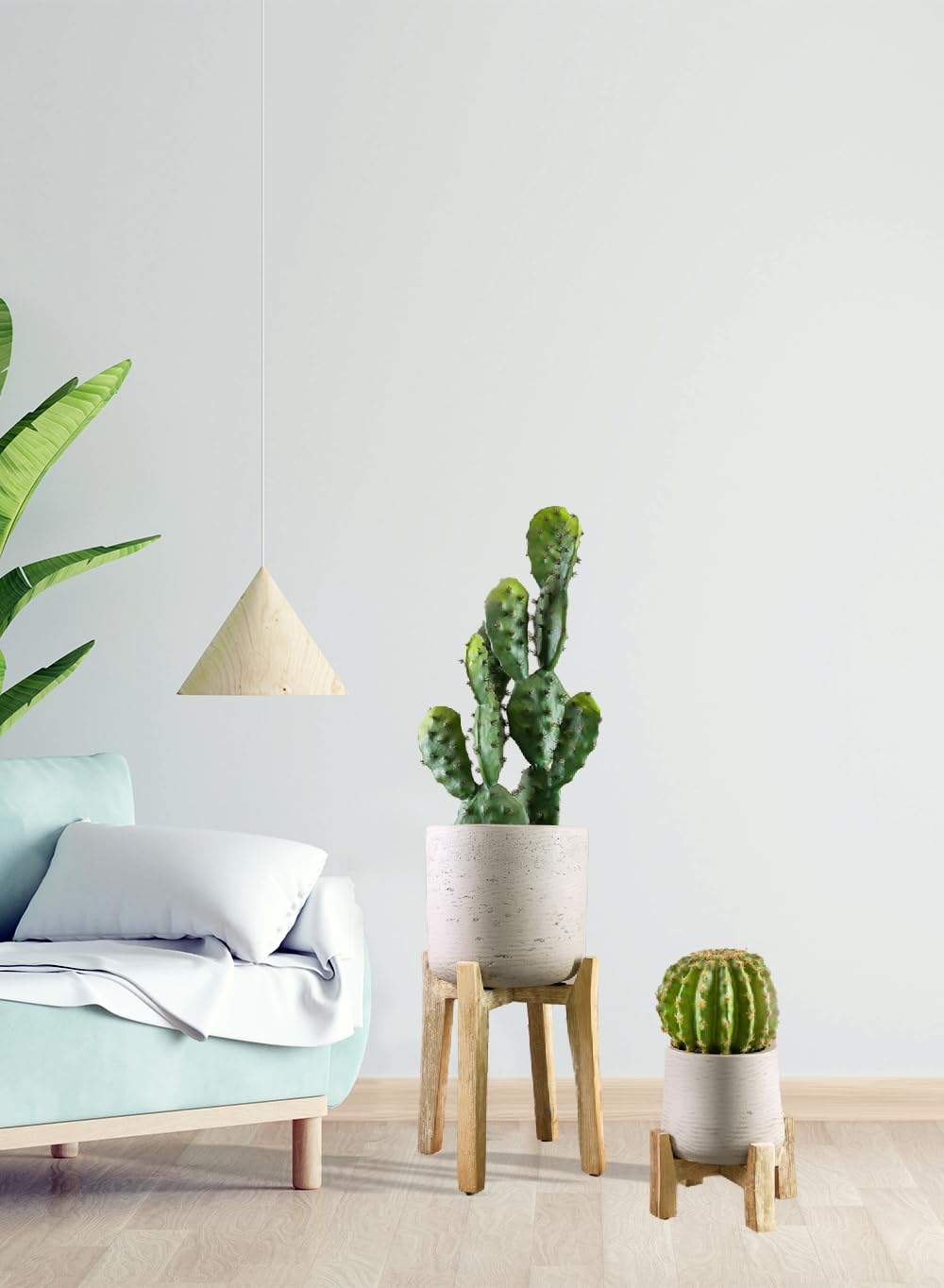 Serene Spaces Living Minimalist Cement Planter with Wooden Legs – Sleek Planter for Succulents, Cacti, Indoor Greenery, Versatile, Durable Plant Pot for Home or Office, 8" Diameter & 9" Tall