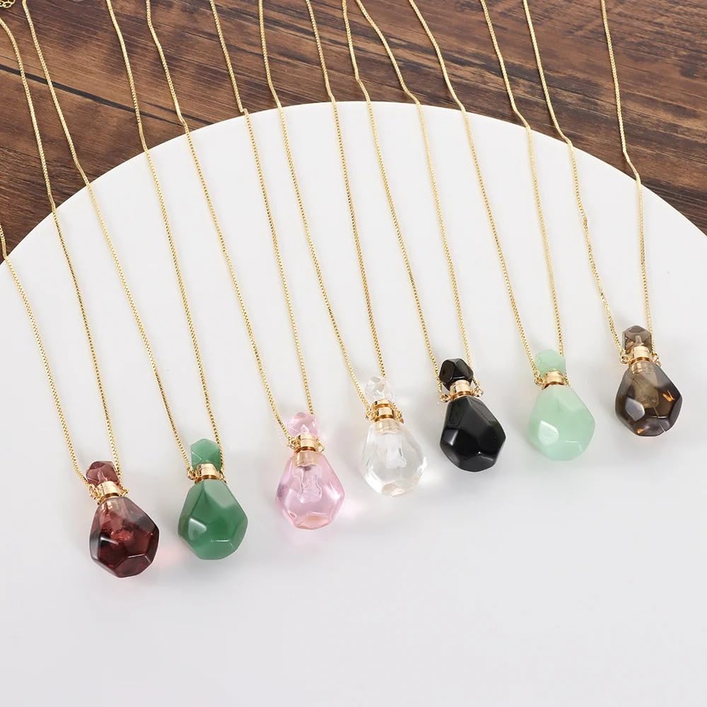 14K Yellow Gold Natural Stone Vial Necklace For Women - Glass Vial Pendant Water Drop Jar Perfume - Water Container Vial For Liquid Oil Diffuser Vial Jewelry