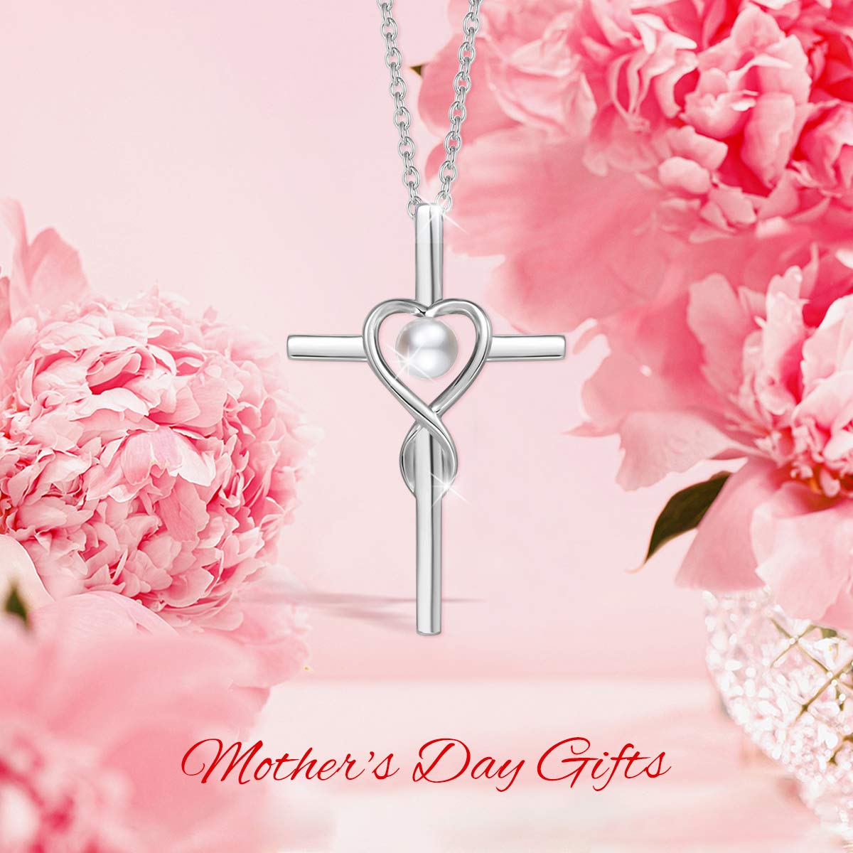FANCIME Pearl Cross Necklace For Women Sterling Silver Birthstone Pearl Infinity Heart Cross Pendant June Birthstone Necklace Jewelry Gifts Valentines Day Gifts for Women