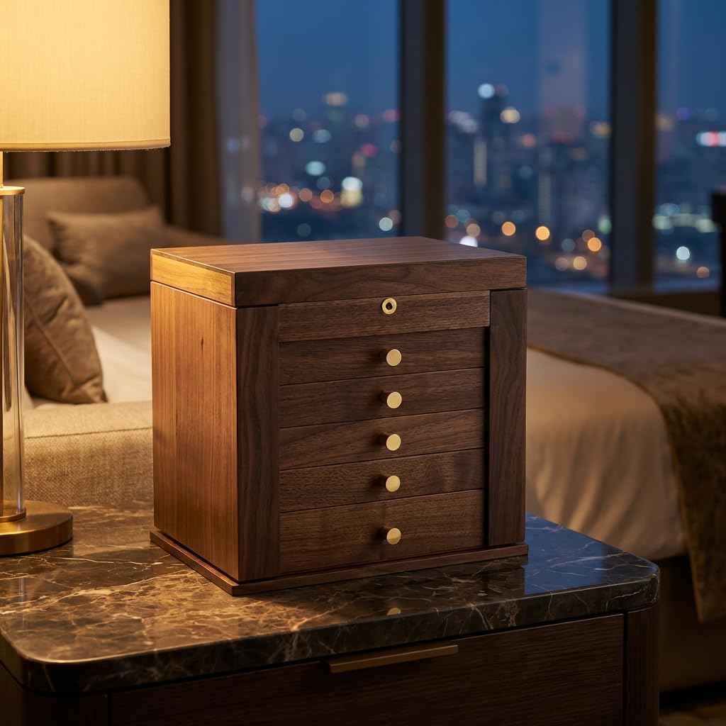 YANSHING 6-Layer Black Walnut Wooden Jewelry Box with Lock and Key, Large Luxury Jewelry Organizer Box for Women, Ideal Christmas Gift for Wife, Mom or Her, Earring & Necklace Storage with Ring Trays