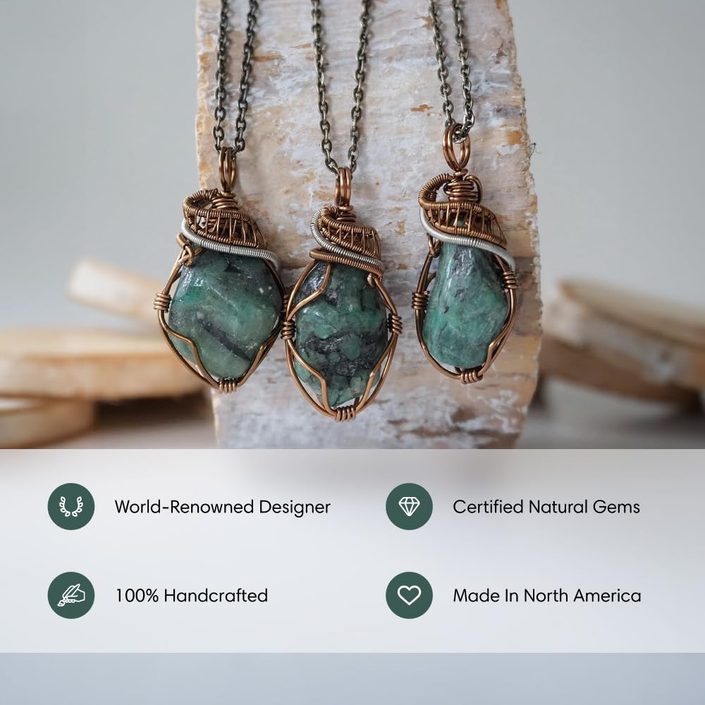 Designs by Nature Gems Emerald Necklace For Women, Raw Crystal Pendant Jewelry, Unique Birthstone Necklaces For Women, Bronze Jewelry Birthday Gifts For Women, Mothers Day Gifts, New Mom Gifts