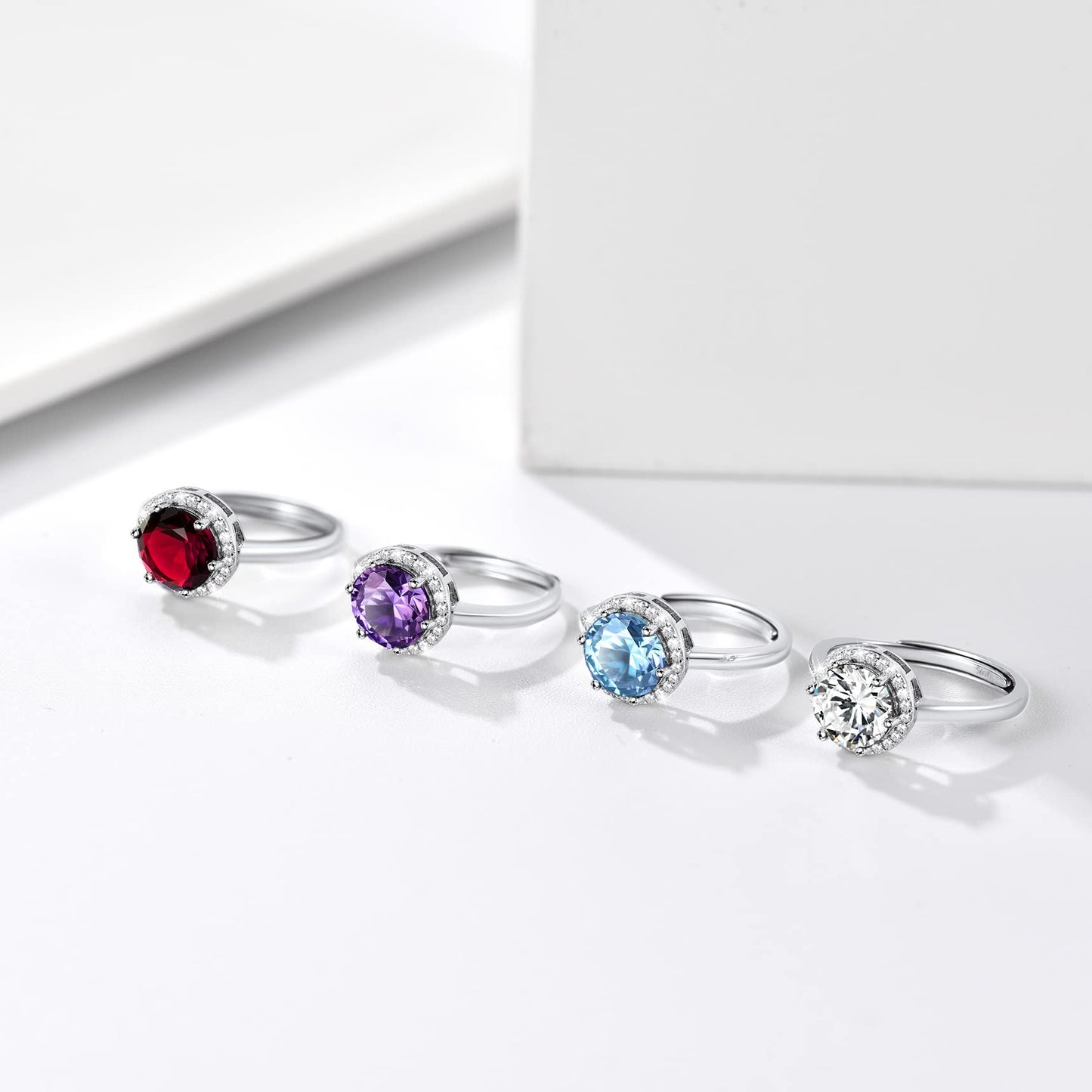 Bestyle 925 Sterling Silver Created Diamond Rings Round Crytsal Rings for Women, 8mm January Granet Birthstone Gemstone Rings Illuminated by 1mm White Cubic Zirconia