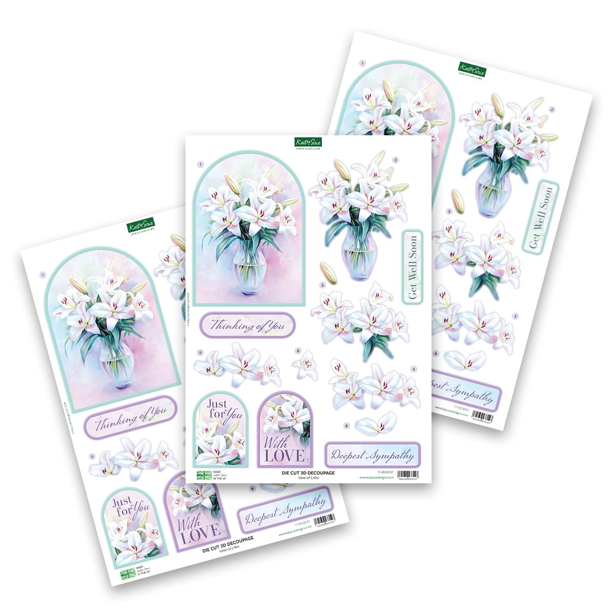 Katy Sue Designs Thinking of You 3D Die Cut Decoupage Collection for Card Making Supplies. Contains 12 Sheets of Katy Sue Die Cut Decoupage Featuring Lavender, Lillies, Hydrangea, and Roses
