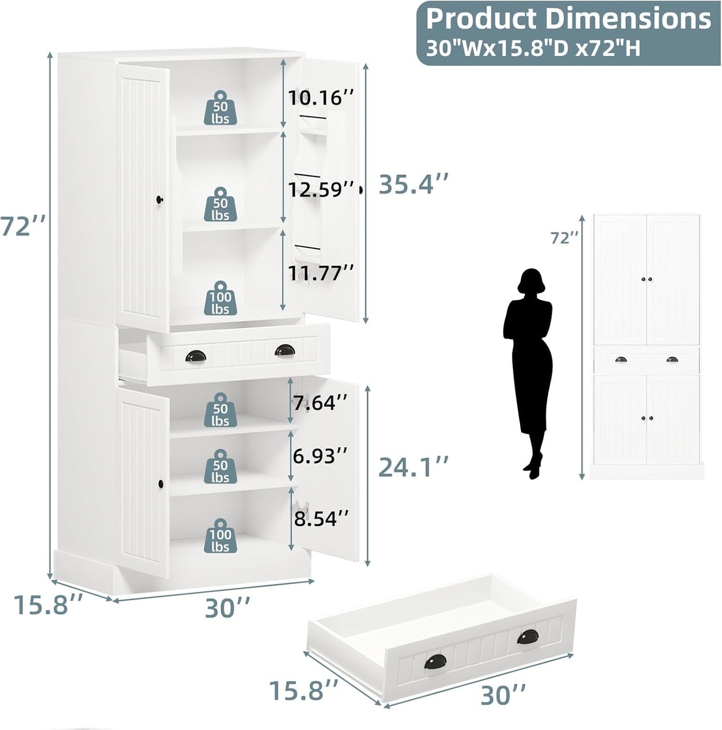 4 EVER WINNER 72" Tall Kitchen Pantry Cabinet, Food Pantry Cabinet with Storage Cabinets and Door Shelves, Farmhouse Cabinet with Adjustable Shelves and Drawers for Kitchen, Dining, Living Room, White