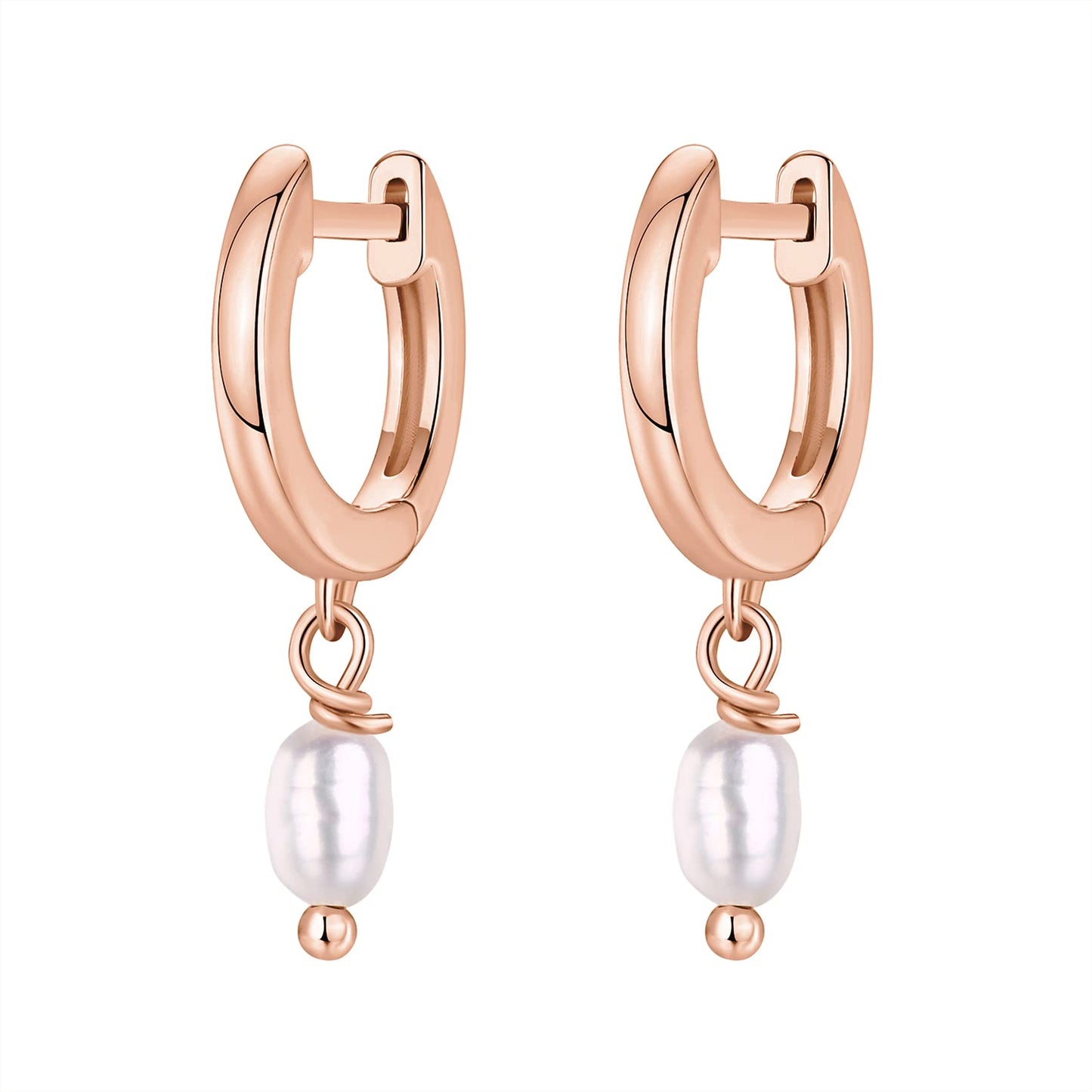 PAVOI 14K Rose Gold Plated 925 Sterling Silver Post Classic Pearl Dangle Huggie Hoop Earrings For Women - Trendy Pearl Drop Hoop Earrings - Cubic Zirconia Small Hinged Huggies