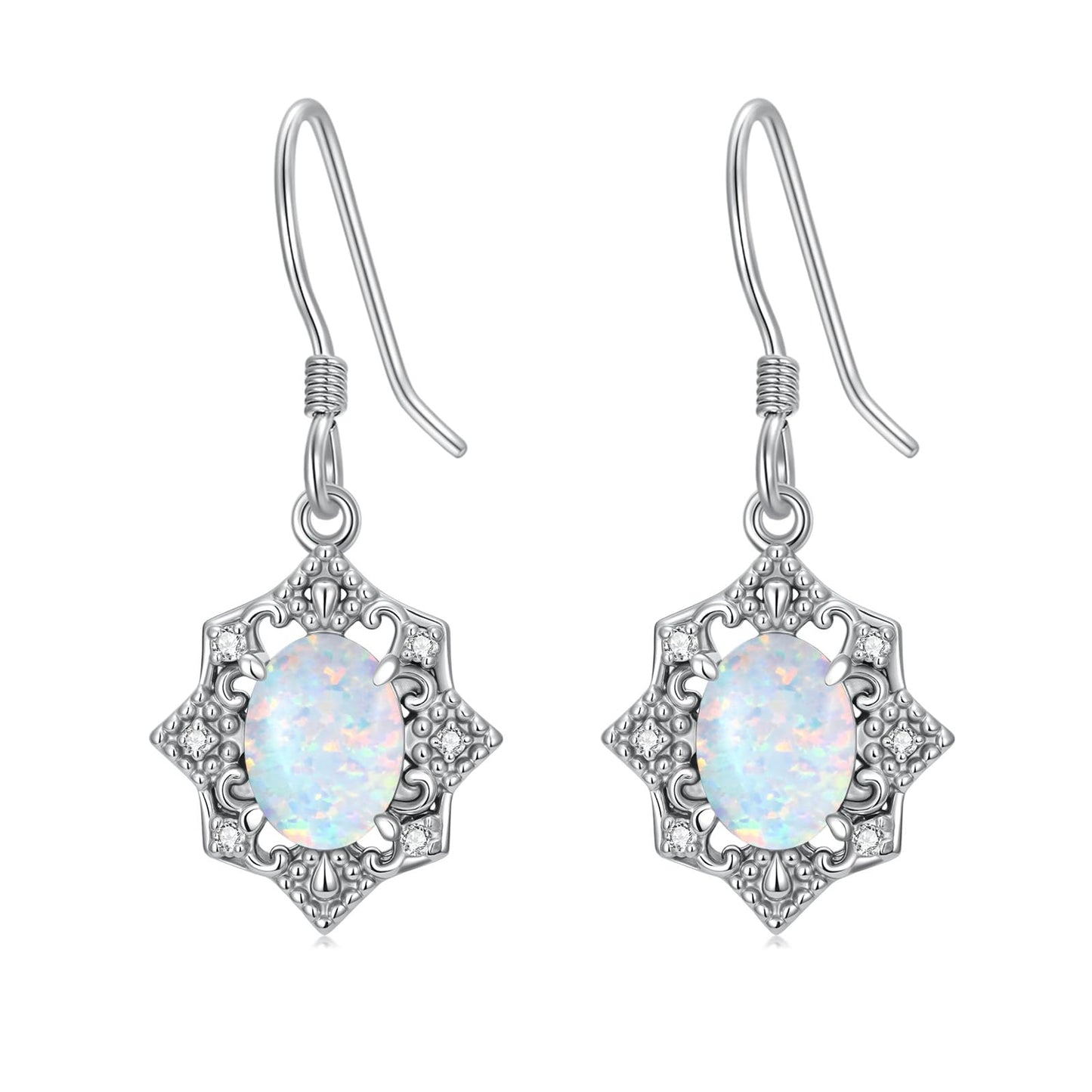 MOTIEL Vintage Opal Dangle Earrings for Women 925 Sterling Silver Genuine Opal Dangle Drop Earrings with Diamond October Birthstone Jewelry Gift for Mother Wife - Style B
