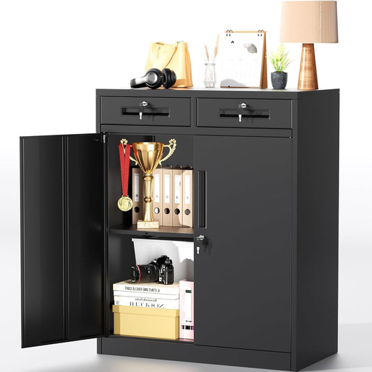 Greenvelly Metal Storage Cabinet, 36" H Lockable Storage Cabinet with 2 Drawers and Adjustable Shelf, Locked Metal Cabinets for Office, Garage, Home (Black)