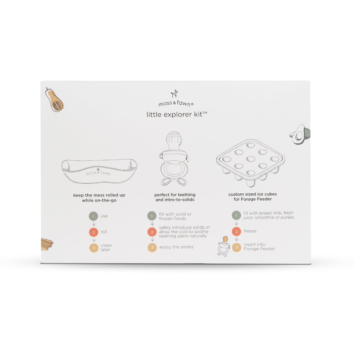 Moss and Fawn Little Explorer Kit - Silicone Frozen Breast Milk Popsicle Kit with Forage Feeder, Teething Popsicle Ice Cube Tray, & Gather & Roll Baby Feeding Bib - BPA, PVC, & Lead-Free - Fern
