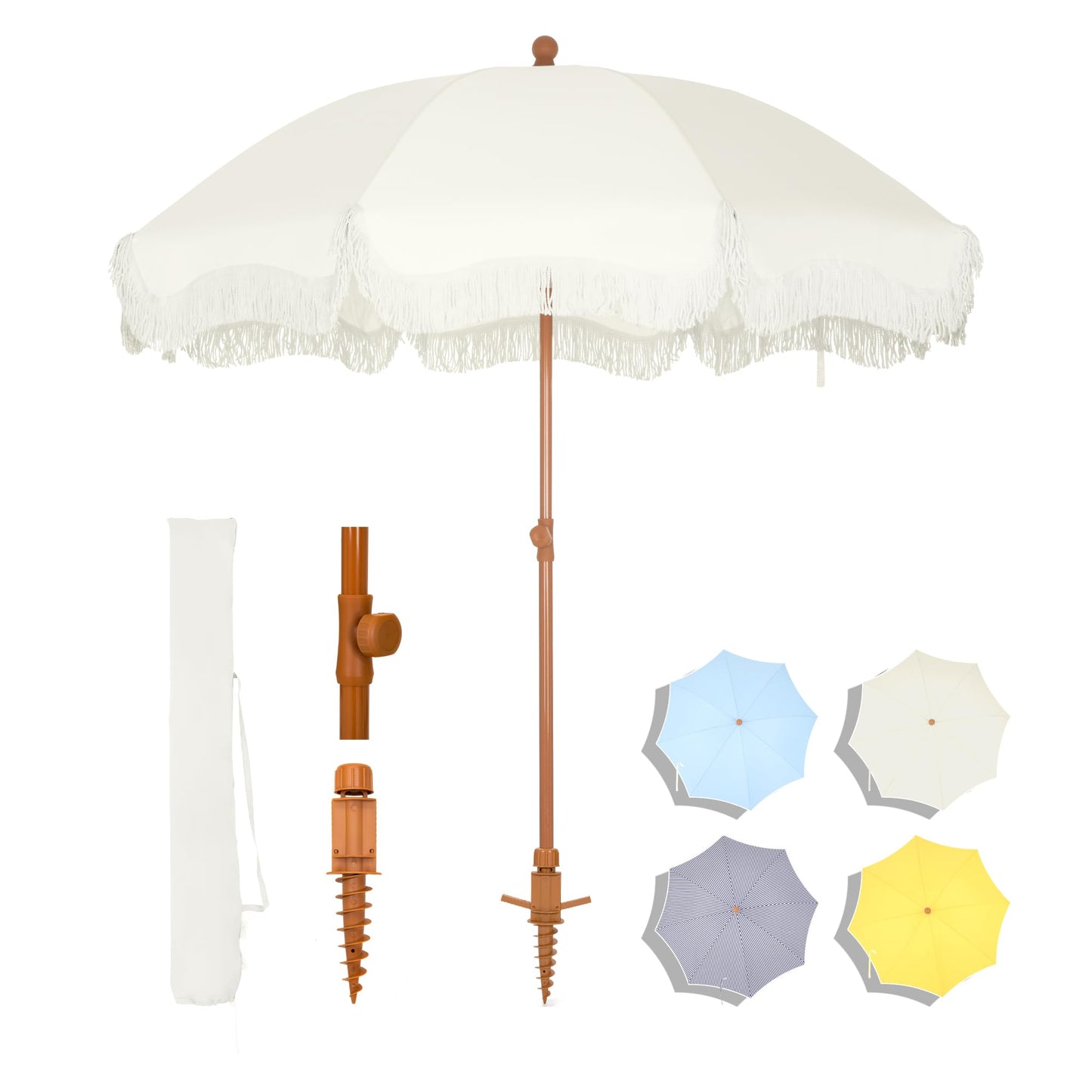 MFSTUDIO 7ft Patio Beach Umbrella with Fringe, Tassel Umbrellas UPF50+ with Sand Anchor & Tilt Button, Holiday Outdoor Umbrella with Carry Bag, Ideal for Garden Lawn Poolside, Ivory