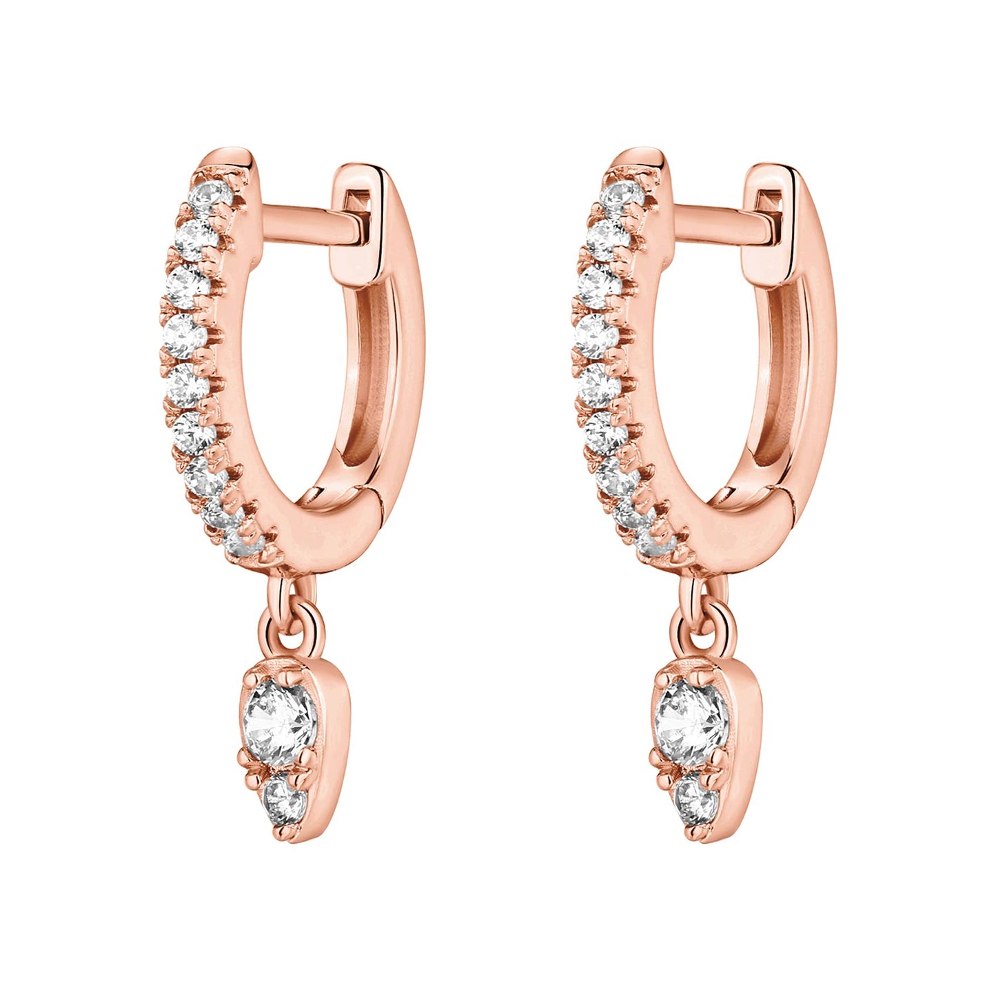 PAVOI 14K Rose Gold Plated 925 Sterling Silver Post Dangle Huggie Hoop Earrings For Women - Trendy Tear Drop Shaped Cubic Zirconia Hoop Earrings - Small Hinged Huggies