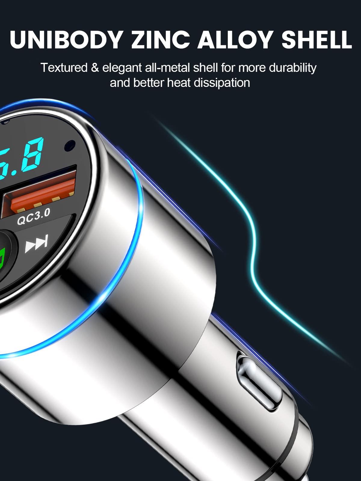 FOCBYE FM Transmitter for Car Bluetooth 5.3, All-Metal PD 20W & QC3.0 18W Fast Charger, Wireless FM Radio Car Kit Bluetooth Adapter, Noise Cancelling Hands-Free Call, Hi-Fi Music, Ring Light