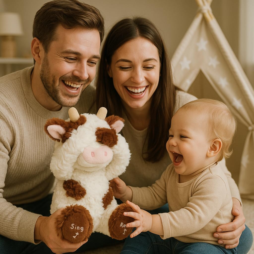Hopearl Peek A Boo Cow Interactive Repeats What You Say Plush Diary Cattle Toy Musical Singing Talking Stuffed Animal Adorable Electric Animate Gift for Toddlers, Brown, 11''
