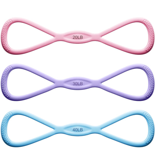 Soulchen 3 Pack Figure 8 Resistance Band with Handles, 8 Shaped Exercise Band for Back, Arms, Shoulder, Leg Stretching, Yoga, Gym Workout (20/30/40 Lbs,Pink,Purple,Blue)