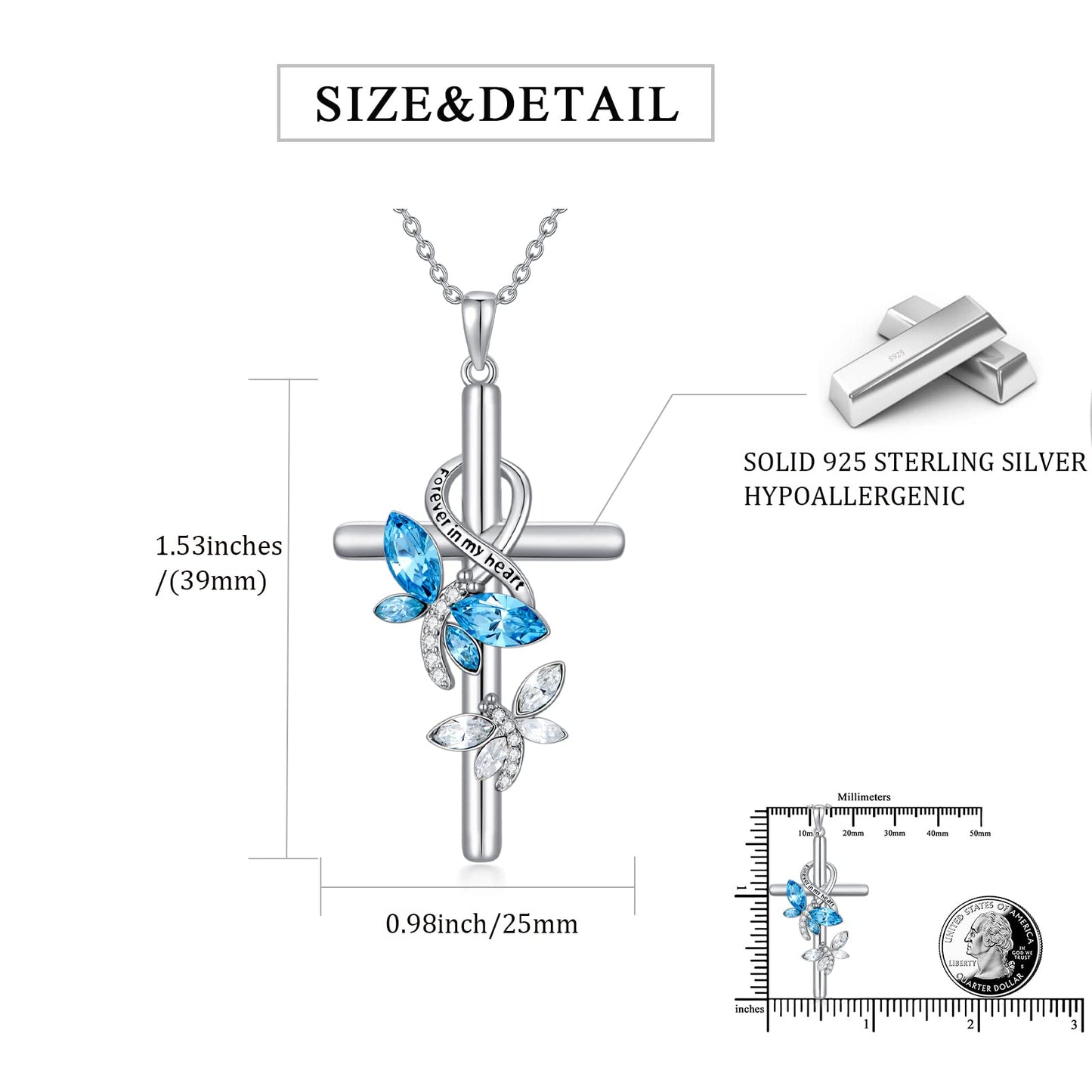 Flpruy Dragonfly Cross Necklace 925 Sterling Silver for Women Crystal Dragonfly Gift Forever in My Heart Love Jewelry Gift for Wife Daughter Mother
