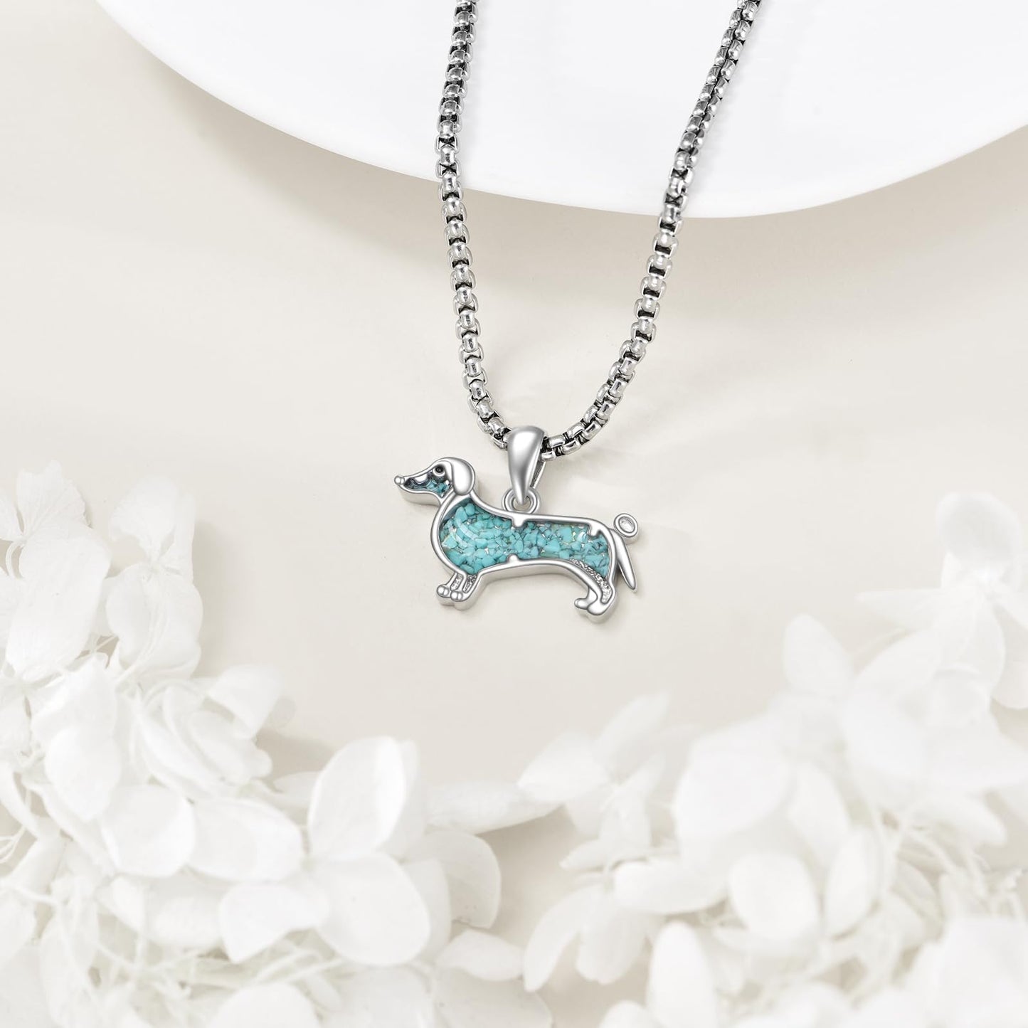 HKPATOP Dachshund Necklace 925 Sterling Silver Turquoise Dog Pendant Animal Jewelry Gift for Women Men