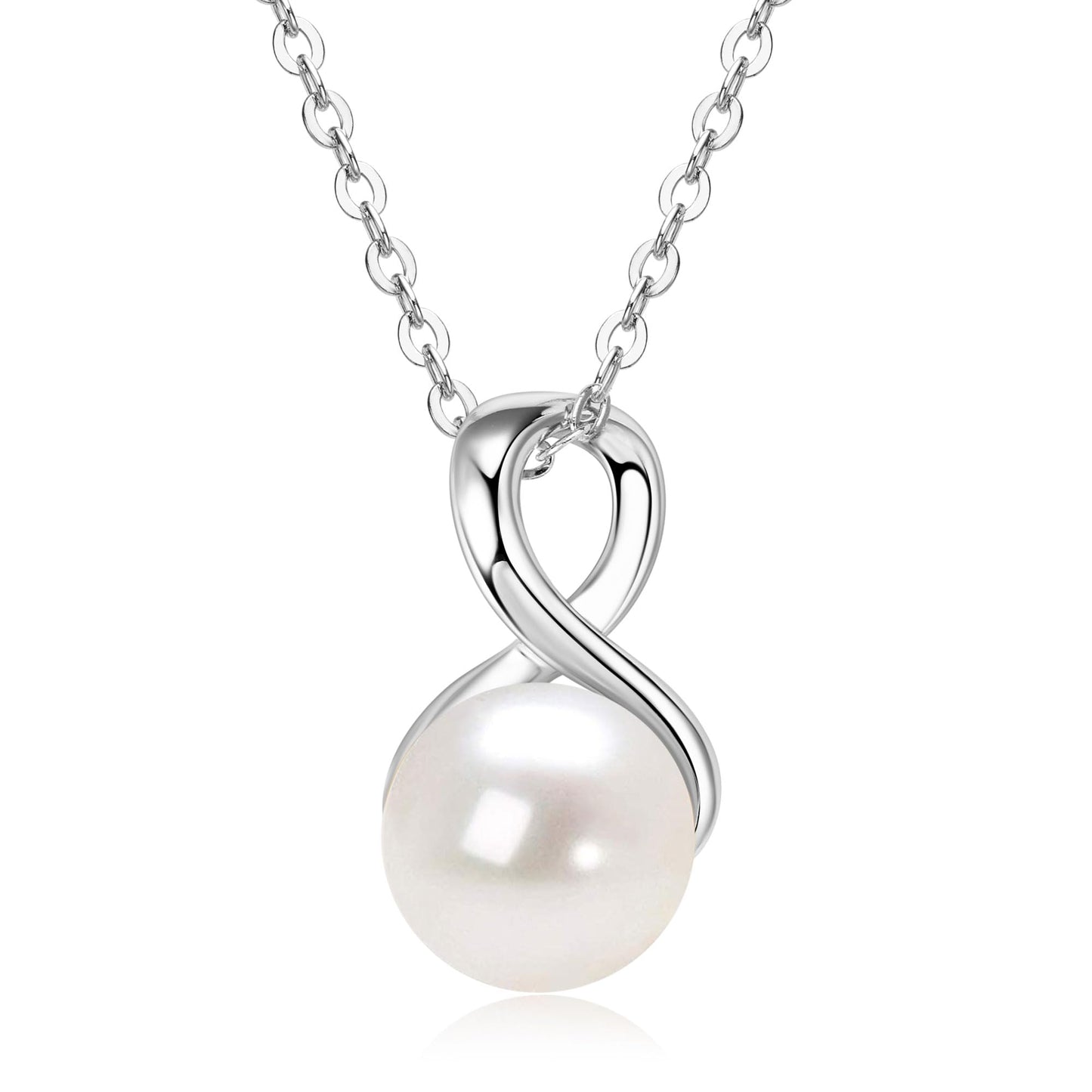 DENGGUANG Sterling Silver Infinity Pearl Necklaces for Women, Freshwater Cultured White Pearl Pendant Necklace Wedding Jewelry Gifts for Bride Bridesmaid