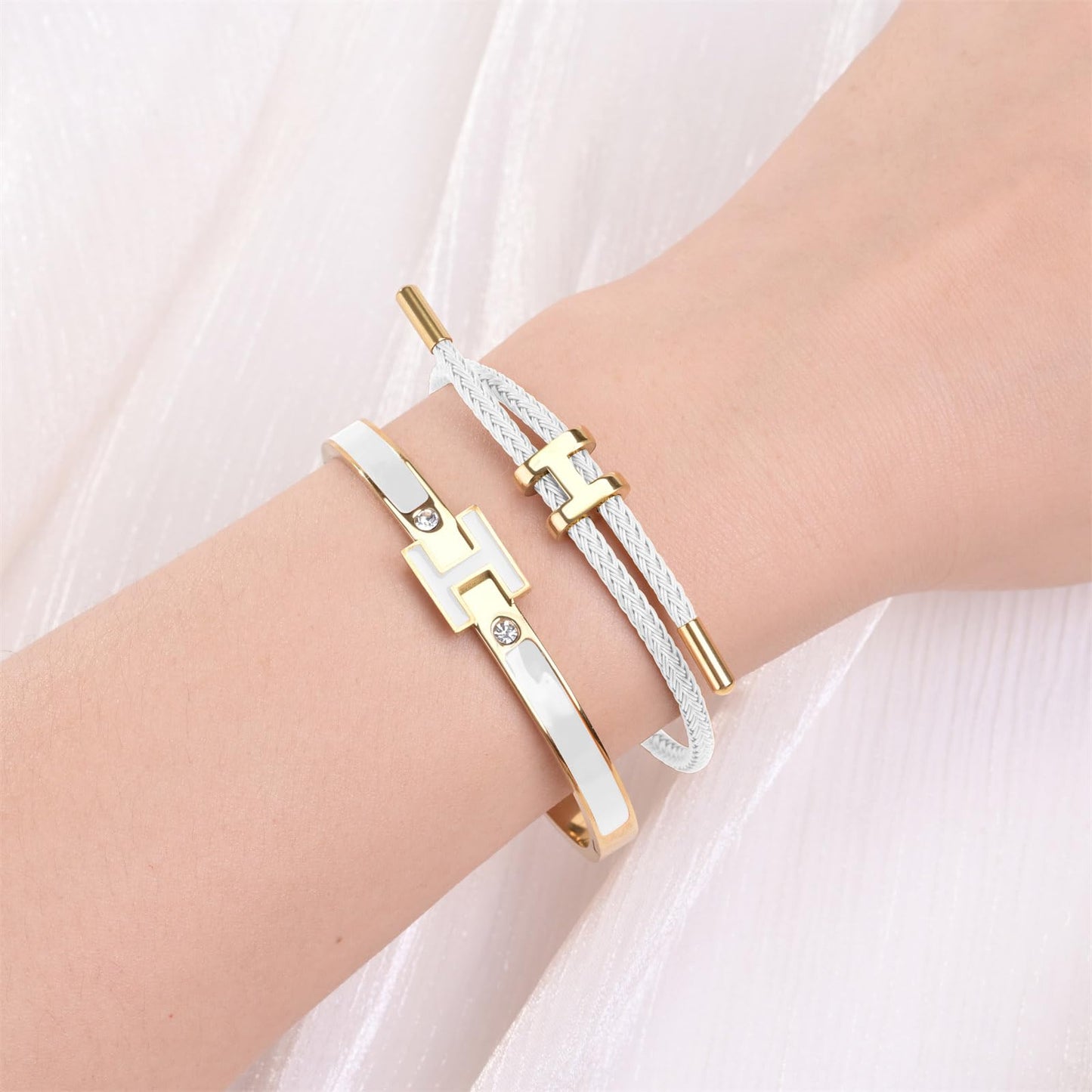 Hothink H Bracelets for Women,H Bangle and H Wire Rope Bracelet Set,Dainty 18K Gold Plated Bracelets Set for Christmas Mothers Day Gifts for Women (Gold-White)