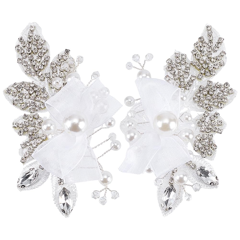 FINGERINSPIRE 1 Pair 4.4x2.5x0.5inch White Pearl Beaded Applique Rhinestone Flower Patch DIY Crafts Wedding Dress Embellishment for Bridal Hair Comb Decoration White Floral Sew On Decoration