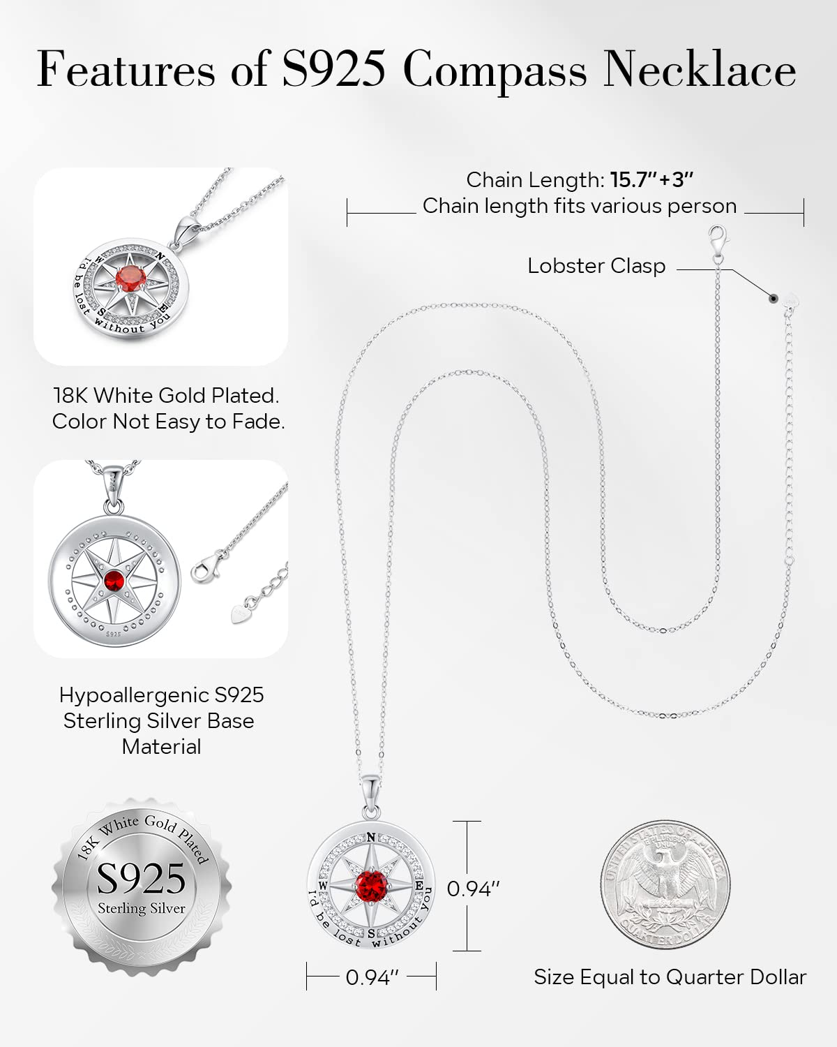 S925 Sterling Silver Necklace for Wife, Women Anniversary Year Gifts Compass Jewelry, Birthday Gift Ideas for Her Girlfriend Woman Necklaces, 18K White Gold January