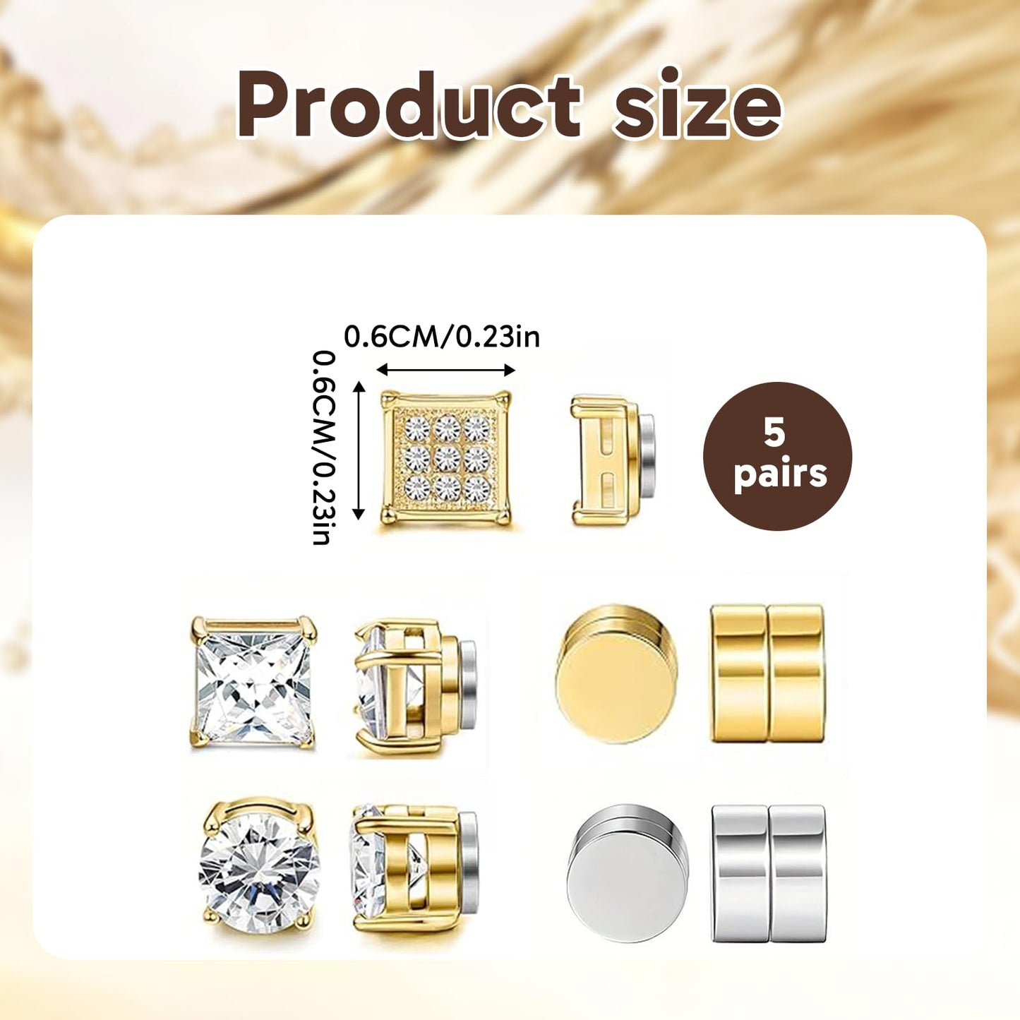 5 Pairs Magnetic Earrings for Men, Non-Piercing Clip On Stud Earrings Set, 4 Pairs Gold and 1 Pair Silver for Sensitive Ears, Stylish Everyday Wear