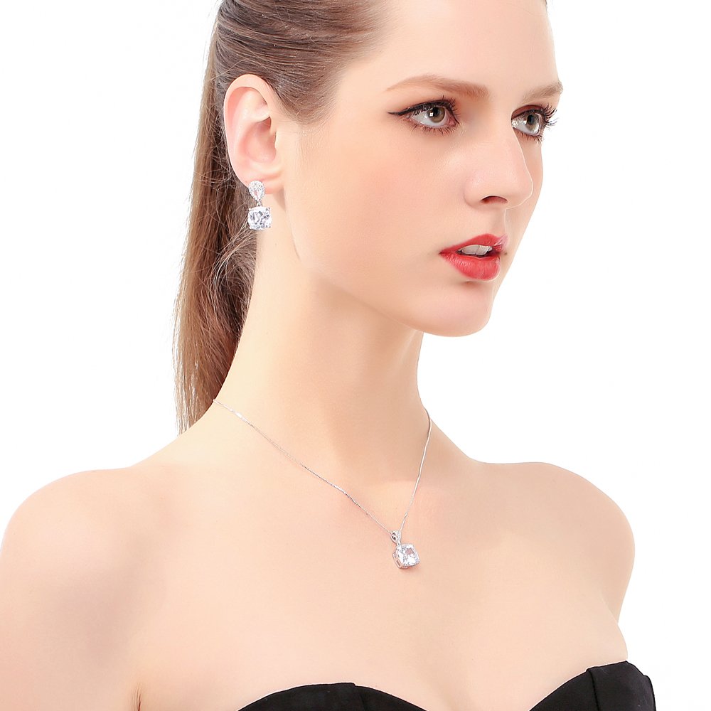 AMYJANE Jewelry Set - Women's Sterling Silver Square Teardrop Clear CZ Rhinestone Necklace and Earrings Set Bridal Jewelry Sets for Wedding Bride Bridesmaids Mother of Bride
