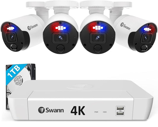 Swann Pro 4K Ultra HD, 8 Channel Security System, 1TB NVR, 4 Bullet PoE IP Cameras Outdoor, Wired Surveillance CCTV, Heat Motion Vehicle Detection, LED Light, 24/7 Recording Security Camera, 88980W4