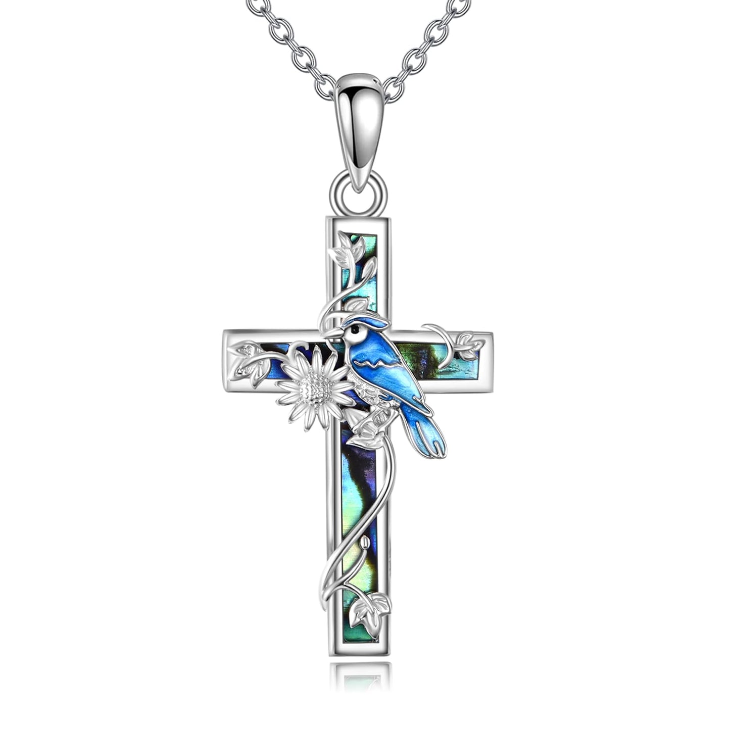 YFN Sunflower Cross Necklace Sterling Silver Blue Jay Cross Pendant Abalone Shell Jewelry Religious Christian Baptism Gifts for Her Women