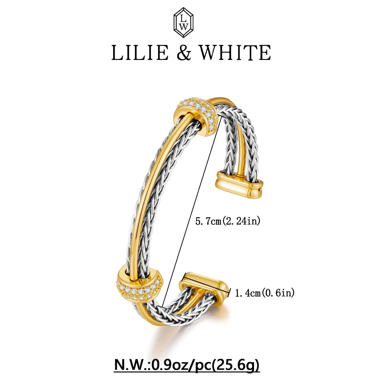 LILIE&WHITE Gold And Silver Bracelets For Women With Braided Design Trendy Cuff Bracelets Two Tone Bracelet With Cubic Zircon Fashion Boho Mixed Metal Bracelet Open Adjustable Bangle Jewelry Gift
